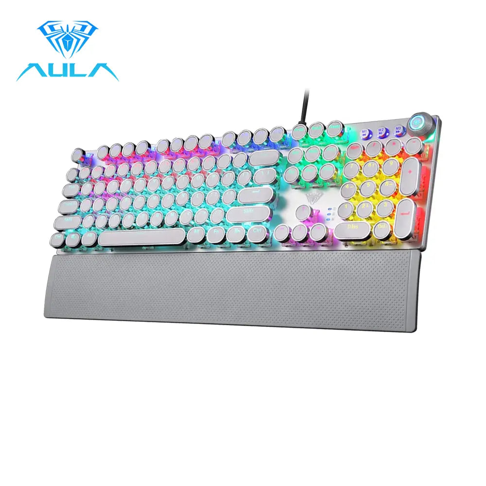 AULA F2088 Full-Size Wired Ergonomic Mechanical Gaming Keyboard with Typewriter Style, Blue Switches, Rainbow LED Backlighting, Removable Wrist Pad, Media Control Knob, Retro Round Keycaps, USB-A Connectivity