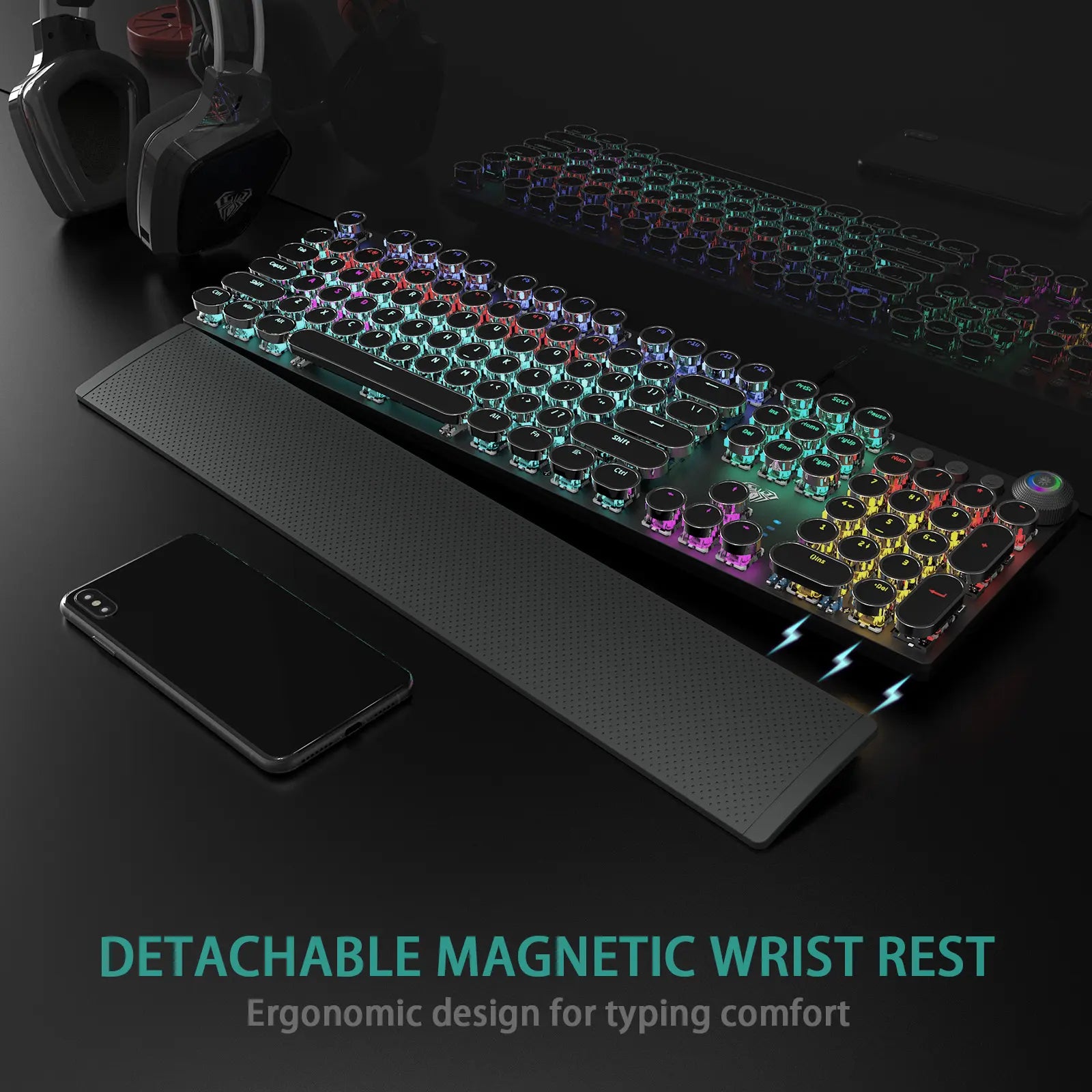 AULA F2088 Full-Size Wired Ergonomic Mechanical Gaming Keyboard with Typewriter Style, Blue Switches, Rainbow LED Backlighting, Removable Wrist Pad, Media Control Knob, Retro Round Keycaps, USB-A Connectivity