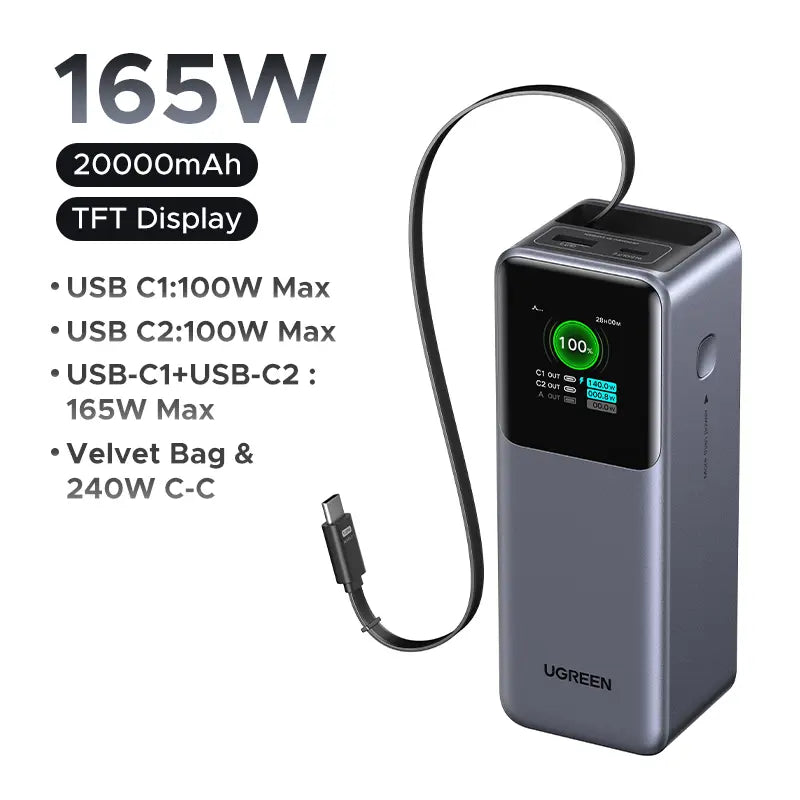 UGREEN Nexode 20,000mAh Power Bank with 165W Output and Retractable USB-C Cable - Portable Fast Charger for Laptops, MacBook Pro/Air, iPhone 16/17, iPad Pro, Galaxy S25 Ultra, Dell, HP, and More