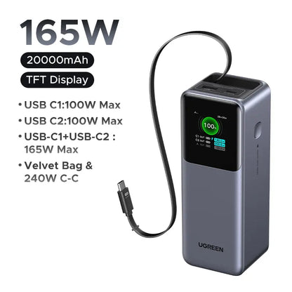 UGREEN Nexode 20,000mAh Power Bank with 165W Output and Retractable USB-C Cable - Portable Fast Charger for Laptops, MacBook Pro/Air, iPhone 16/17, iPad Pro, Galaxy S25 Ultra, Dell, HP, and More