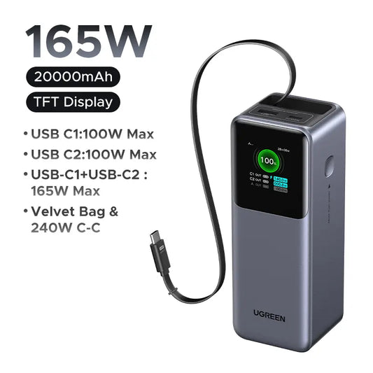 UGREEN Nexode 20,000mAh Power Bank with 165W Output and Retractable USB-C Cable - Portable Fast Charger for Laptops, MacBook Pro/Air, iPhone 16/17, iPad Pro, Galaxy S25 Ultra, Dell, HP, and More