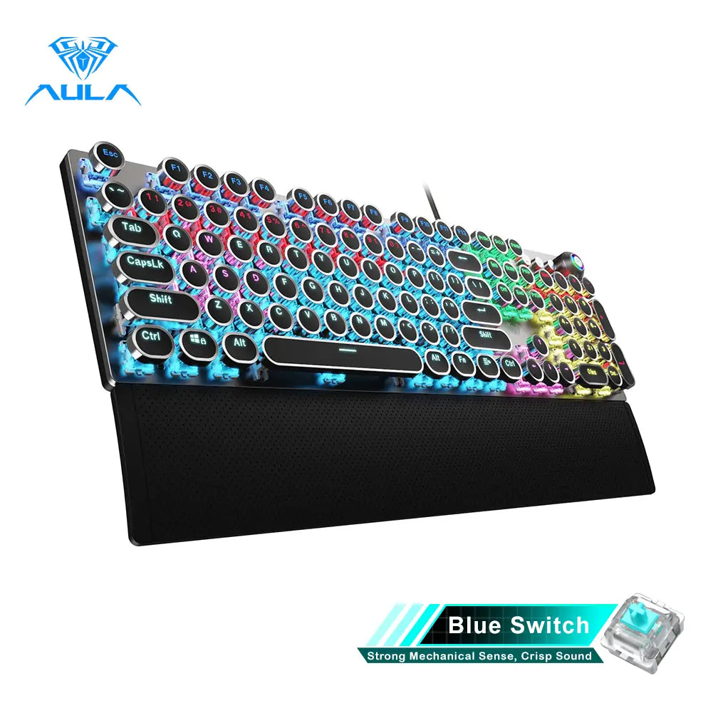 AULA F2088 Full-Size Wired Ergonomic Mechanical Gaming Keyboard with Typewriter Style, Blue Switches, Rainbow LED Backlighting, Removable Wrist Pad, Media Control Knob, Retro Round Keycaps, USB-A Connectivity