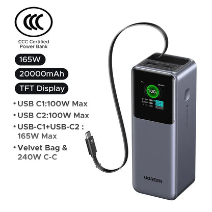 UGREEN Nexode 20,000mAh Power Bank with 165W Output and Retractable USB-C Cable - Portable Fast Charger for Laptops, MacBook Pro/Air, iPhone 16/17, iPad Pro, Galaxy S25 Ultra, Dell, HP, and More