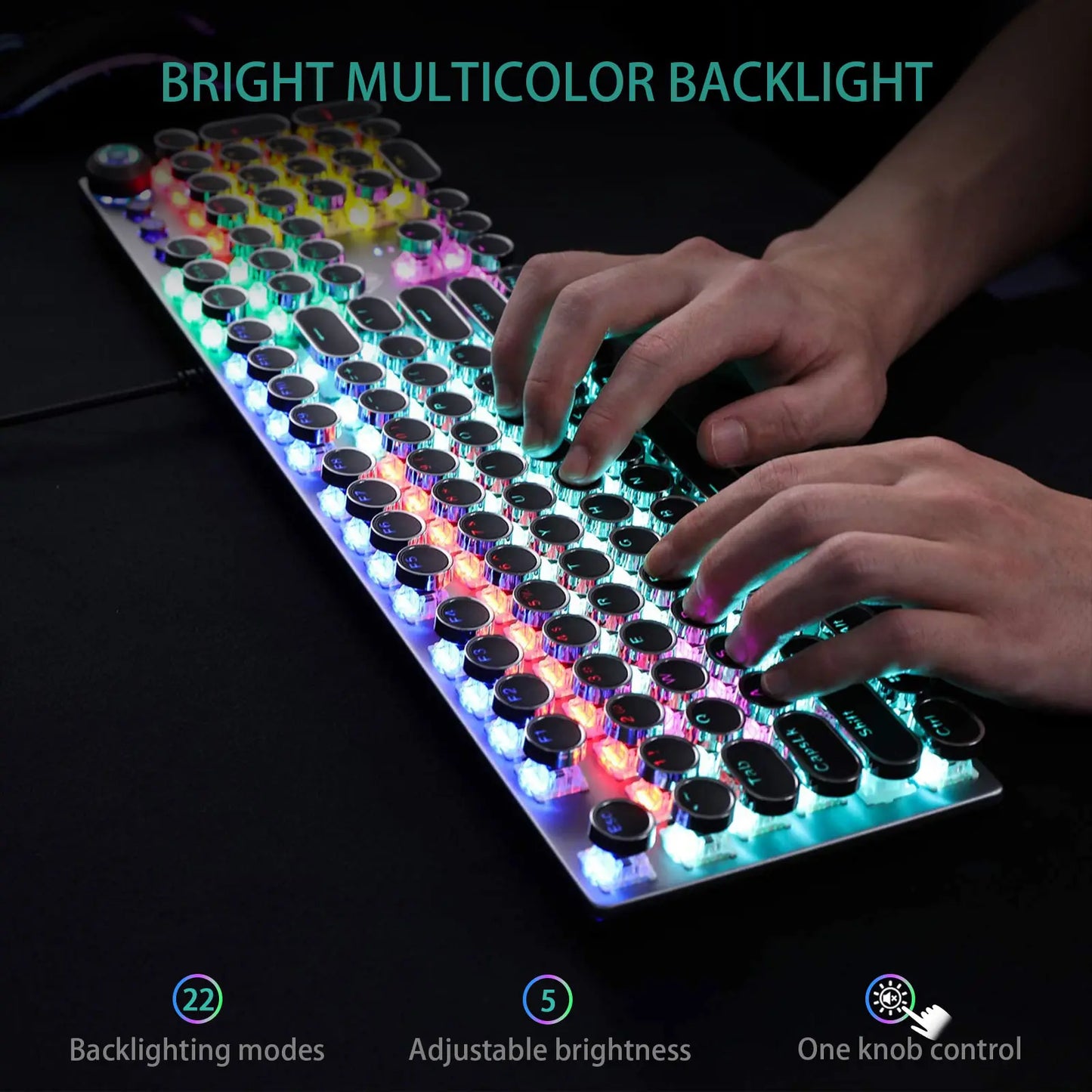 AULA F2088 Full-Size Wired Ergonomic Mechanical Gaming Keyboard with Typewriter Style, Blue Switches, Rainbow LED Backlighting, Removable Wrist Pad, Media Control Knob, Retro Round Keycaps, USB-A Connectivity