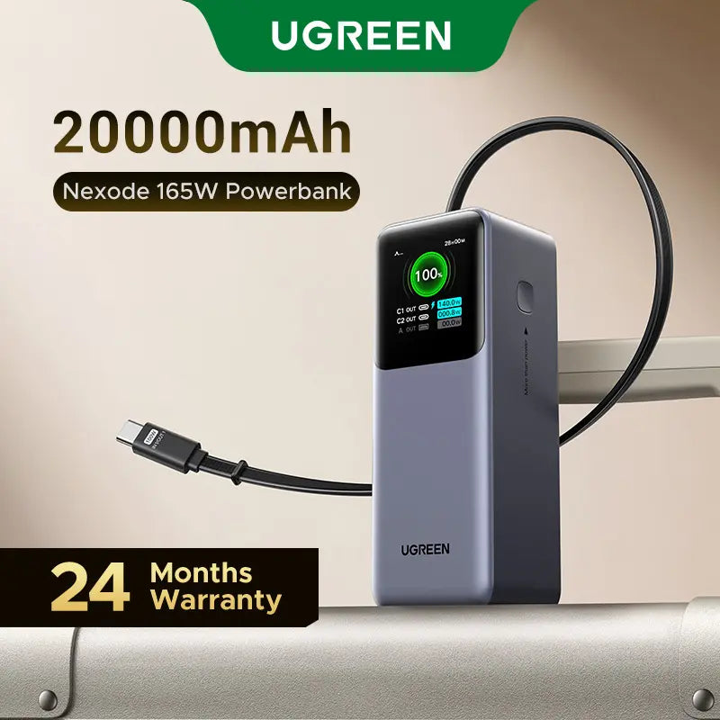 UGREEN Nexode 20,000mAh Power Bank with 165W Output and Retractable USB-C Cable - Portable Fast Charger for Laptops, MacBook Pro/Air, iPhone 16/17, iPad Pro, Galaxy S25 Ultra, Dell, HP, and More