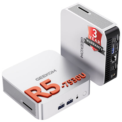 GEEKOM A5 2027 Edition Mini PC with AMD Ryzen 7 7730U, 16GB RAM, 512GB SSD, Upgradeable to 64GB, Windows 11 Pro, 3-Year Warranty, WiFi 6, Bluetooth, HDMI, 2 USB-C Ports, 4K Display - Ideal for Home Office and Light to Moderate Gaming