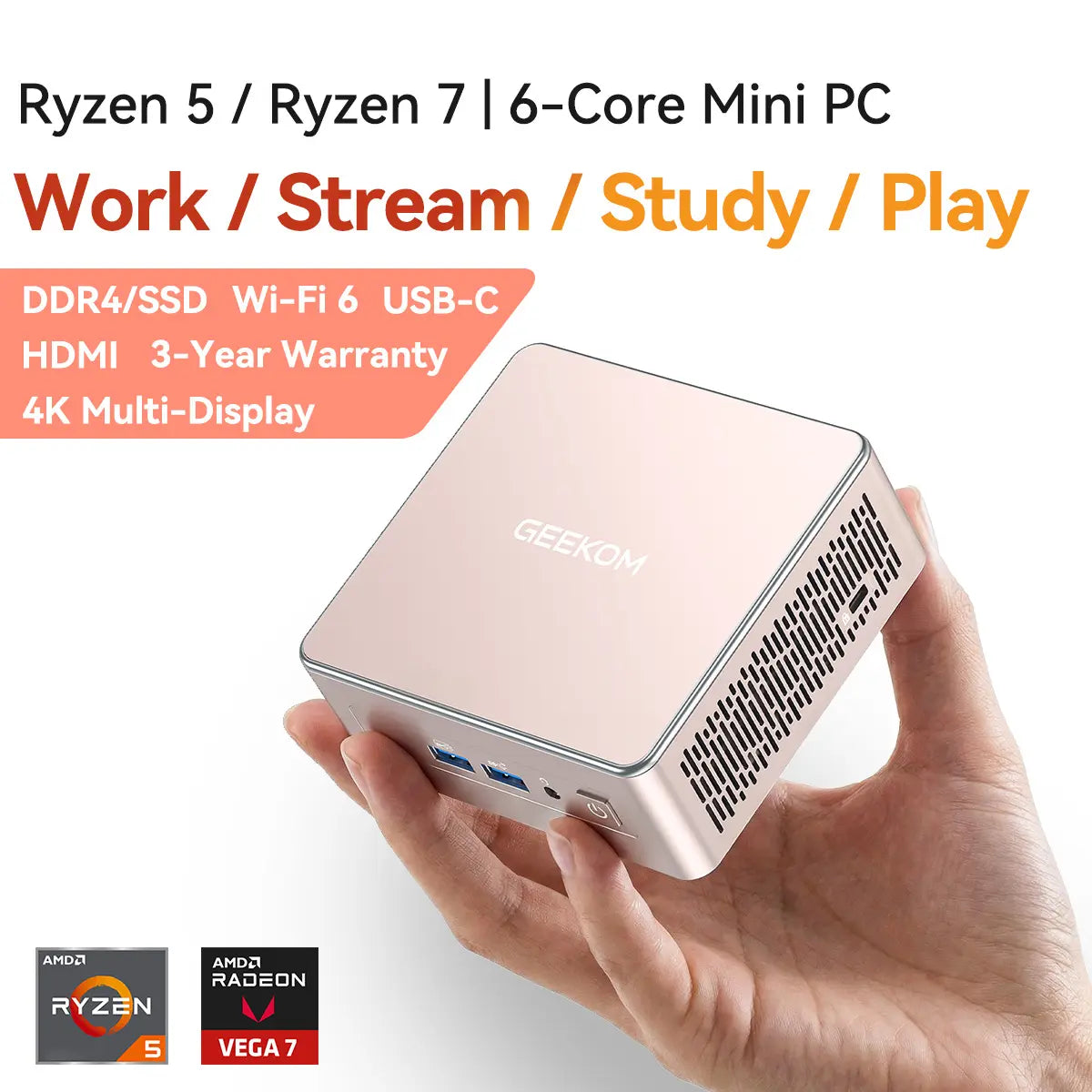 GEEKOM A5 2027 Edition Mini PC with AMD Ryzen 7 7730U, 16GB RAM, 512GB SSD, Upgradeable to 64GB, Windows 11 Pro, 3-Year Warranty, WiFi 6, Bluetooth, HDMI, 2 USB-C Ports, 4K Display - Ideal for Home Office and Light to Moderate Gaming