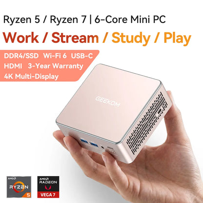 GEEKOM A5 2027 Edition Mini PC with AMD Ryzen 7 7730U, 16GB RAM, 512GB SSD, Upgradeable to 64GB, Windows 11 Pro, 3-Year Warranty, WiFi 6, Bluetooth, HDMI, 2 USB-C Ports, 4K Display - Ideal for Home Office and Light to Moderate Gaming