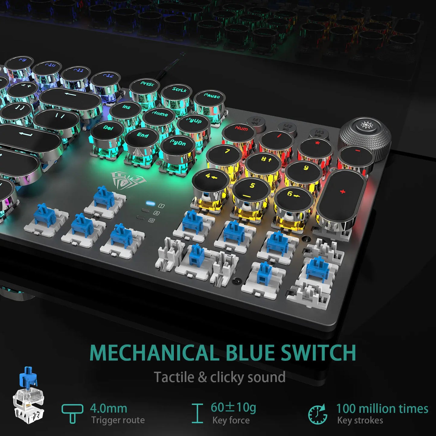 AULA F2088 Full-Size Wired Ergonomic Mechanical Gaming Keyboard with Typewriter Style, Blue Switches, Rainbow LED Backlighting, Removable Wrist Pad, Media Control Knob, Retro Round Keycaps, USB-A Connectivity