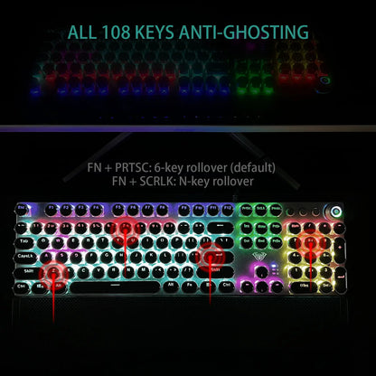 AULA F2088 Full-Size Wired Ergonomic Mechanical Gaming Keyboard with Typewriter Style, Blue Switches, Rainbow LED Backlighting, Removable Wrist Pad, Media Control Knob, Retro Round Keycaps, USB-A Connectivity
